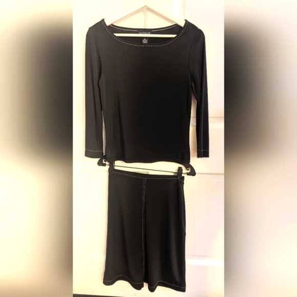 Ann Taylor Dark Brown Boat Neck Blouse/Skirt. White Stitching Detailing. Vintage - Picture 2 of 16